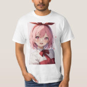 Cute Pink-Haired Anime Girl Illustration Tシャツ (正面)