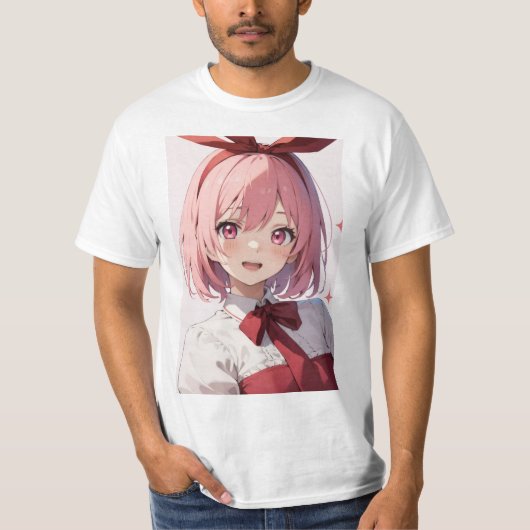 Cute Pink-Haired Anime Girl Illustration Tシャツ (正面)