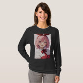 Cute Pink-Haired Anime Girl Illustration Tシャツ (正面フル)