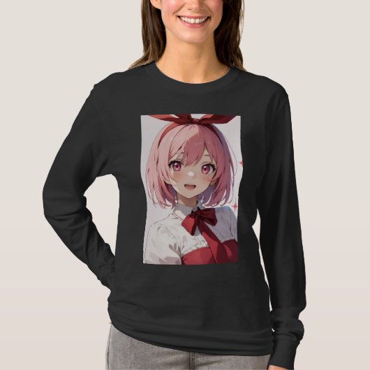 Cute Pink-Haired Anime Girl Illustration Tシャツ (正面)