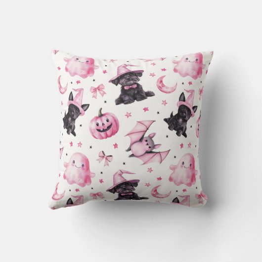 Cute Pink Halloween Ghosts & Dogs Throw Pillow クッション (裏面)