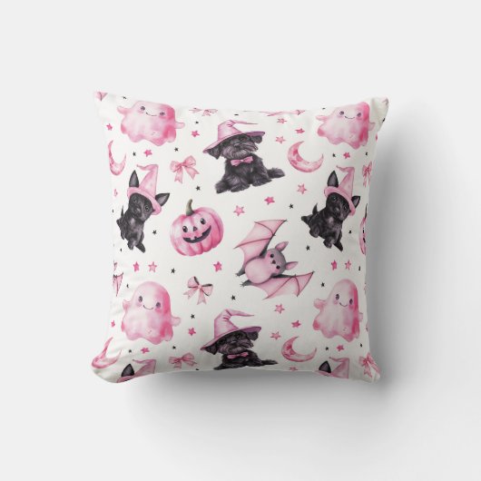 Cute Pink Halloween Ghosts & Dogs Throw Pillow クッション (正面)