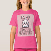 Cute Pink Happy Easter White Bunny T-Shirt Tシャツ (正面)