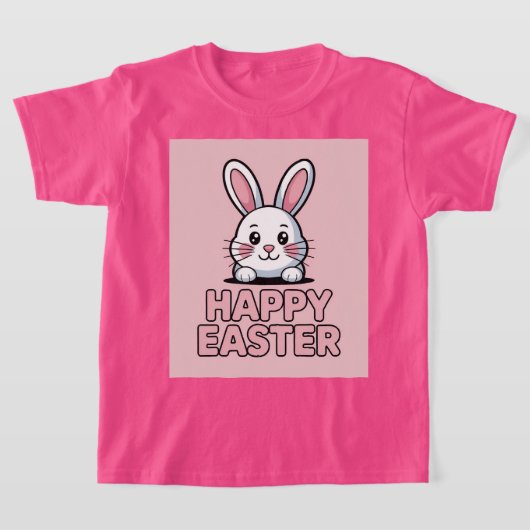 Cute Pink Happy Easter White Bunny T-Shirt Tシャツ (レイダウン)