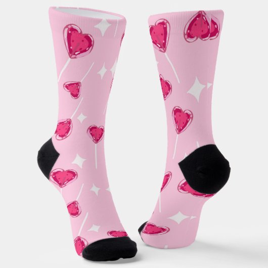 Cute Pink Heart Lollipop Seamless Pattern ソックス (傾斜あり)