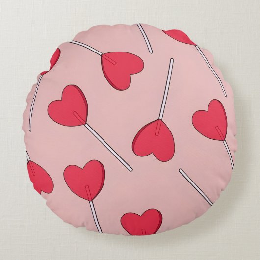 Cute Pink Heart Lollipops Seamless Pattern ラウンドクッション (正面)