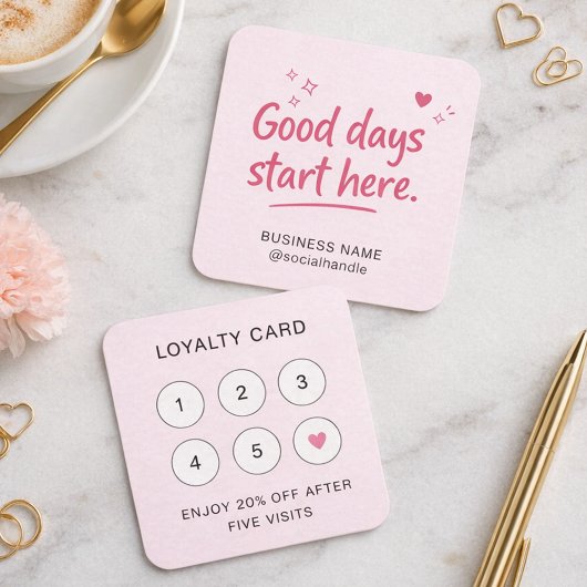 Cute Pink Heart Sparkle Script Good Days QR Code スクエア名刺