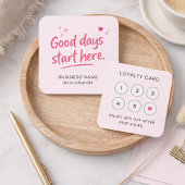Cute Pink Heart Sparkle Script Good Days QR Code スクエア名刺