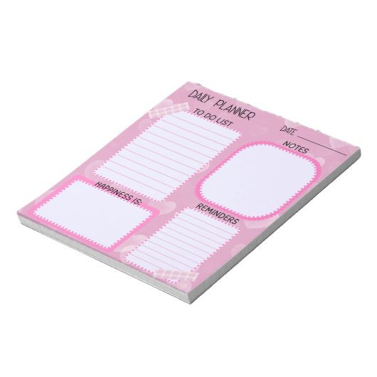 Cute Pink Hearts Daily Planner Notepad ノートパッド (回転)