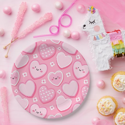 Cute Pink Hearts Girl Birthday Party ペーパープレート (パーティー)