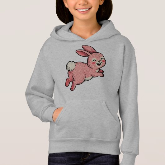 Cute Pink Hopping Bunny Rabbit Kids Hoodie (正面)