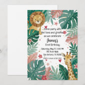 Cute Pink Jungle Safari First Boy Birthday 招待状 (正面/裏面)