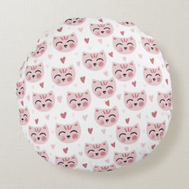 Cute Pink Kittens and Hearts Pattern for Kids ラウンドクッション