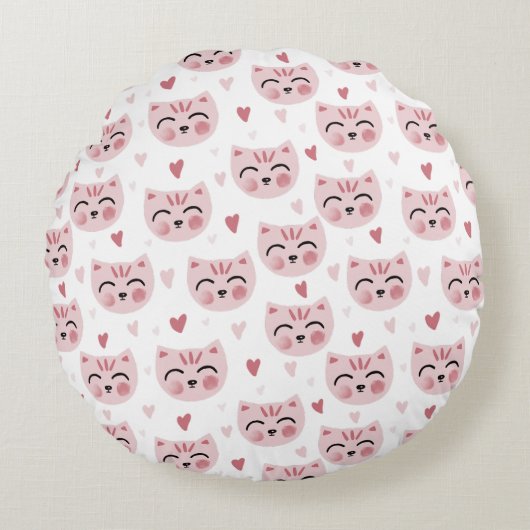 Cute Pink Kittens and Hearts Pattern for Kids ラウンドクッション (正面)