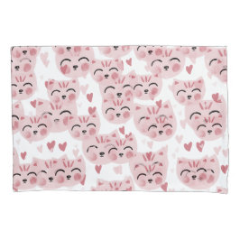 Cute Pink Kittens and Hearts Pattern for Kids 枕カバー