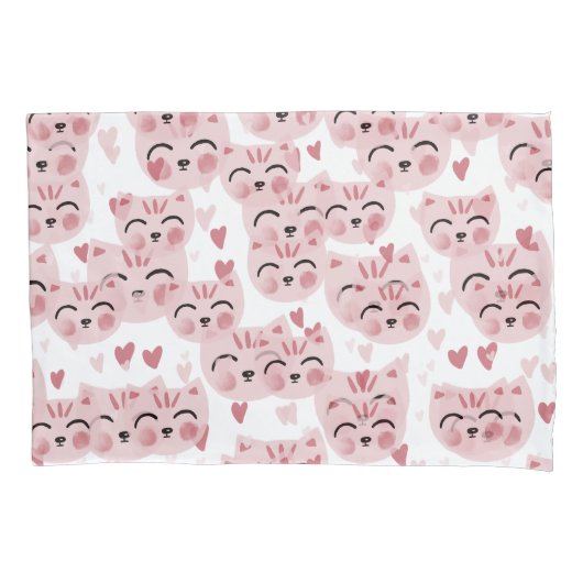 Cute Pink Kittens and Hearts Pattern for Kids 枕カバー (正面)