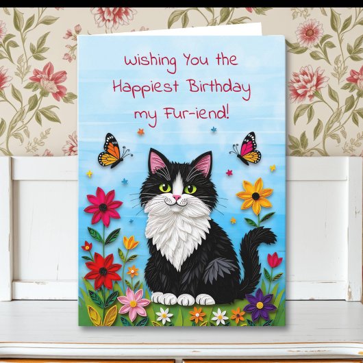 Cute Pink Kitty Cat in Flowers Birthday カード