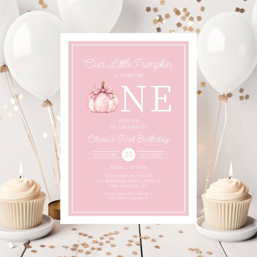 Cute Pink Little Pumpkin 1st Birthday 招待状
