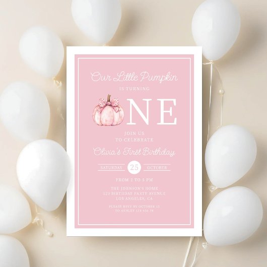 Cute Pink Little Pumpkin 1st Birthday 招待状