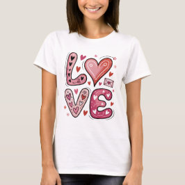 Cute Pink LOVE Lettering Hearts Doodle Valentine Tシャツ