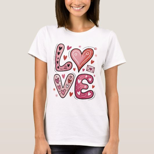 Cute Pink LOVE Lettering Hearts Doodle Valentine Tシャツ (正面)