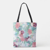 Cute Pink Mint Peony & Succulent Floral Hand Paint トートバッグ (裏面)