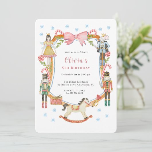 Cute Pink Nutcracker Christmas Girl Birthday 招待状 (スタンド正面)
