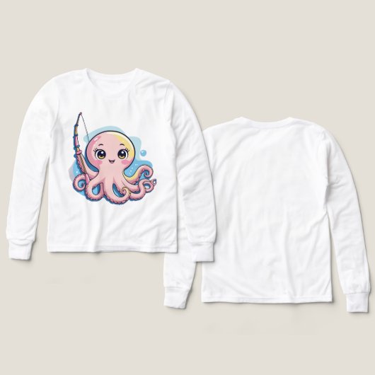 Cute Pink Octopus – Kids’ Long Sleeve Tee (デザイン 正面＆背面)