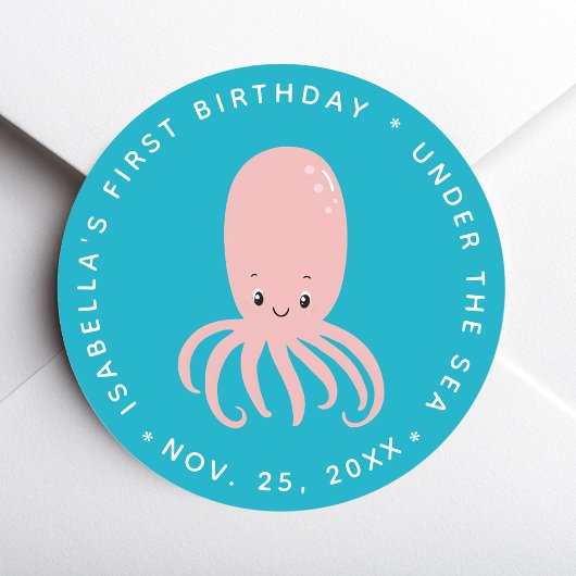 Cute Pink Octopus Under the Sea 1st Birthday Blue ラウンドシール