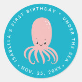 Cute Pink Octopus Under the Sea 1st Birthday Blue ラウンドシール (正面)