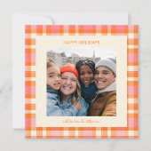 Cute Pink Orange Retro Plaid Christmas Photo シーズンカード (正面)