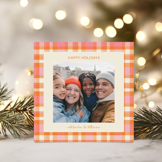 Cute Pink Orange Retro Plaid Christmas Photo シーズンカード