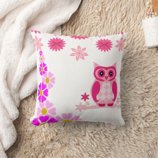 Cute Pink Owl Decorative White Throw Pillow クッション (ブランケット)