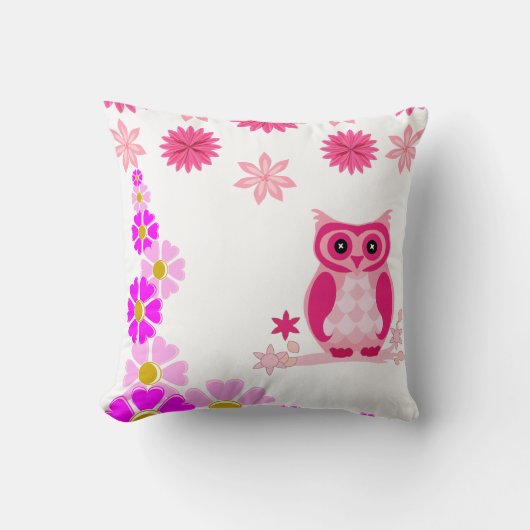 Cute Pink Owl Decorative White Throw Pillow クッション (正面)