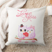 Cute Pink Owls Couple Valentine Heart クッション (ブランケット)