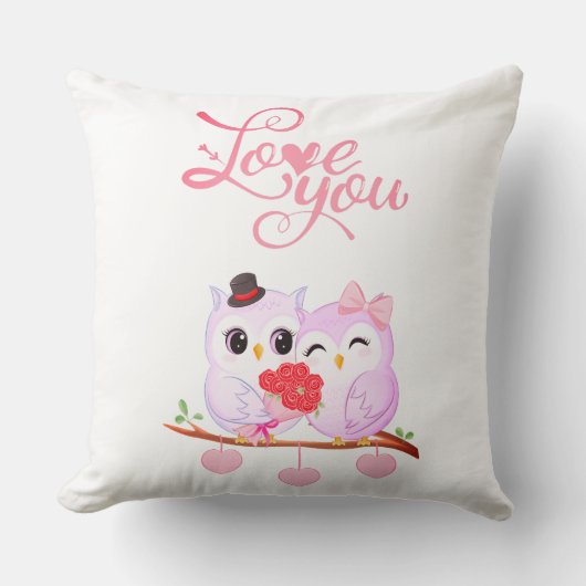 Cute Pink Owls Couple Valentine Heart クッション (正面)