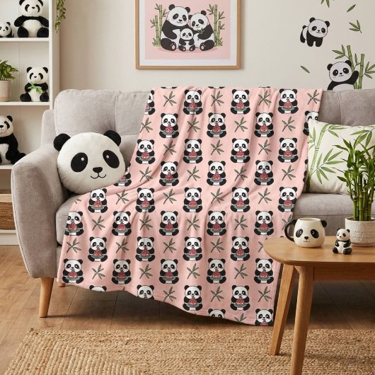 Cute Pink Panda  フリースブランケット