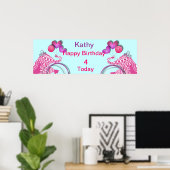 Cute Pink Party Elephant Kids Personalized Banner ポスター (ホームオフィス)