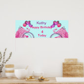 Cute Pink Party Elephant Kids Personalized Banner ポスター (キッチン)