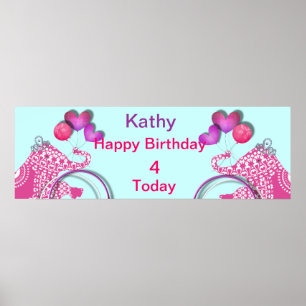 Cute Pink Party Elephant Kids Personalized Banner ポスター