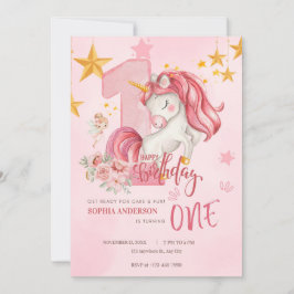 Cute Pink Pastel Unicorn 1st Birthday Invitation 招待状