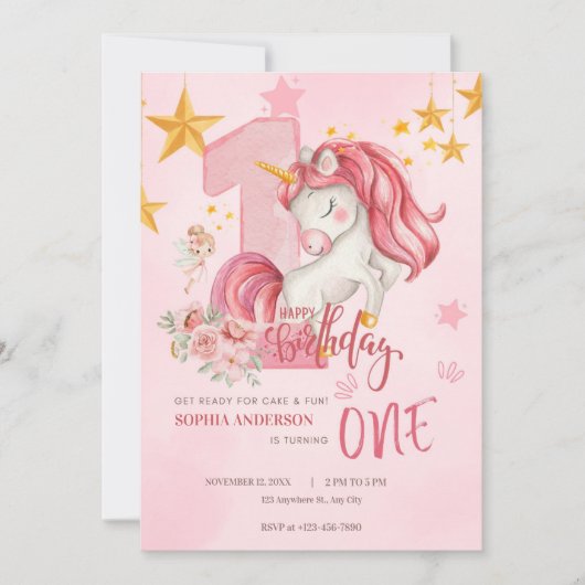 Cute Pink Pastel Unicorn 1st Birthday Invitation 招待状 (正面)