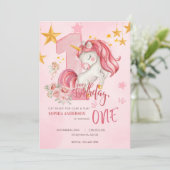 Cute Pink Pastel Unicorn 1st Birthday Invitation 招待状 (スタンド正面)