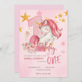 Cute Pink Pastel Unicorn 1st Birthday Invitation 招待状 (正面/裏面)