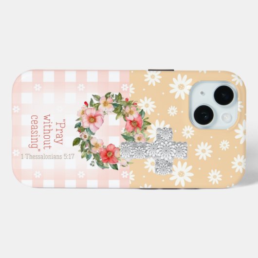Cute Pink Peach Rose Wreath Cross Scripture Case-Mate iPhoneケース (裏面 (横))