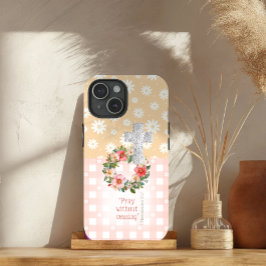 Cute Pink Peach Rose Wreath Cross Scripture iPhone 15ケース