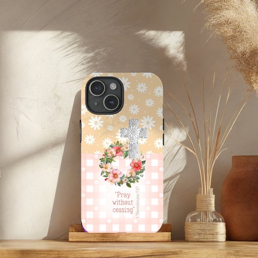 Cute Pink Peach Rose Wreath Cross Scripture Case-Mate iPhoneケース