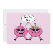 Cute Pink Pig Couple Save the Date | Back Photo