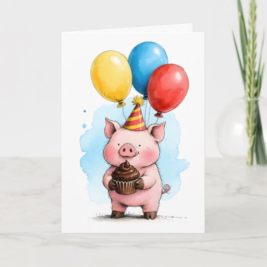 Cute Pink Pig with Cupcake Kid's Happy Birthday カード (正面)