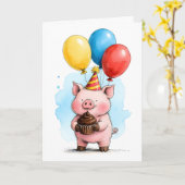 Cute Pink Pig with Cupcake Kid's Happy Birthday カード (黄色い花)